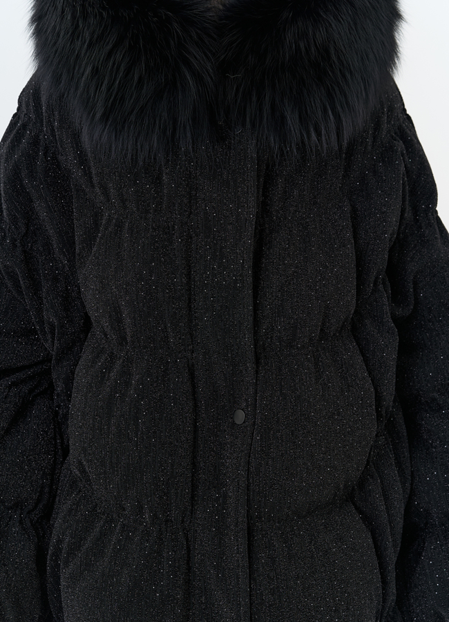 Женский блестящий пуховик с отделкой из меха чернобурки модель № 31816 универмаг малина