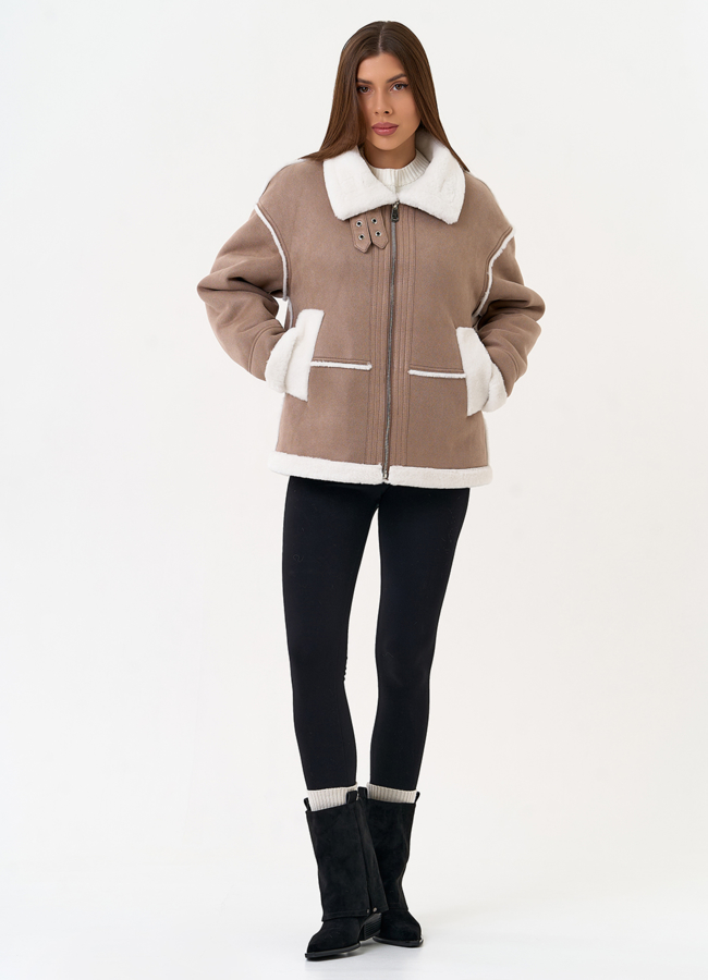 Женская дубленка из эко замши с воротником стойкой модель № 31504 универмаг малина