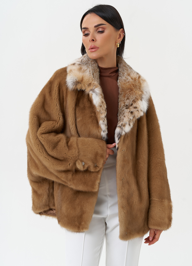 Куртка из меха норки с воротником их меха рыси модель № 31169 универмаг малина