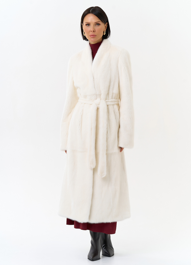 Белая шуба из меха норки с поясом модель № 31320 универмаг малина