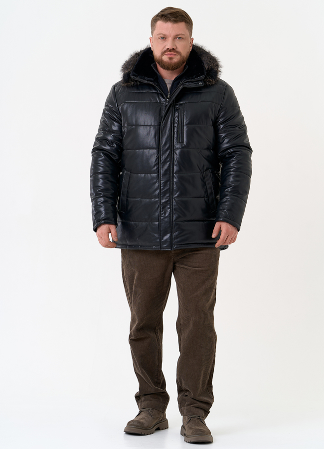 Пуховик из эко кожи с капюшоном из меха енота модель № 22072 универмаг малина