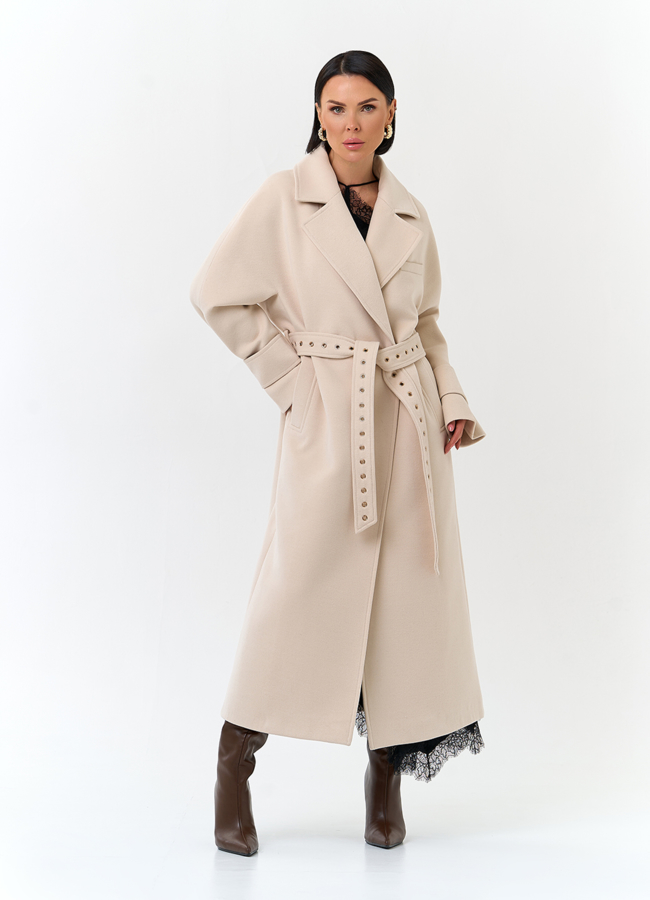 Женское пальто с акцентным поясом модель № 32807 меха малина