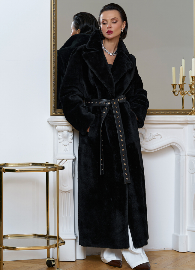 Женская натуральная дубленка с двойным поясом модель № 31612 в кредит