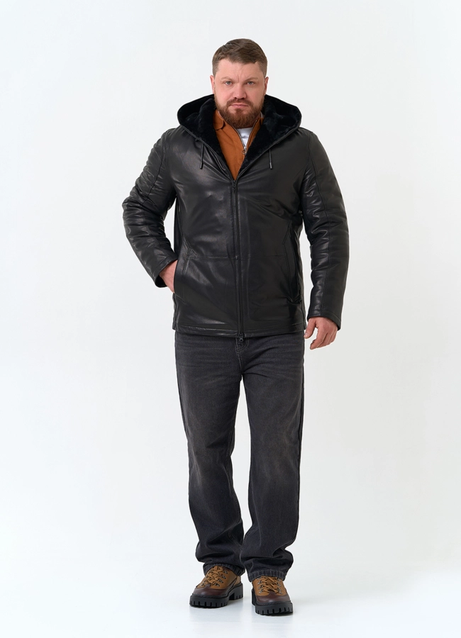 Мужская натуральная дубленка с капюшоном модель № 34426 в рассрочку фото