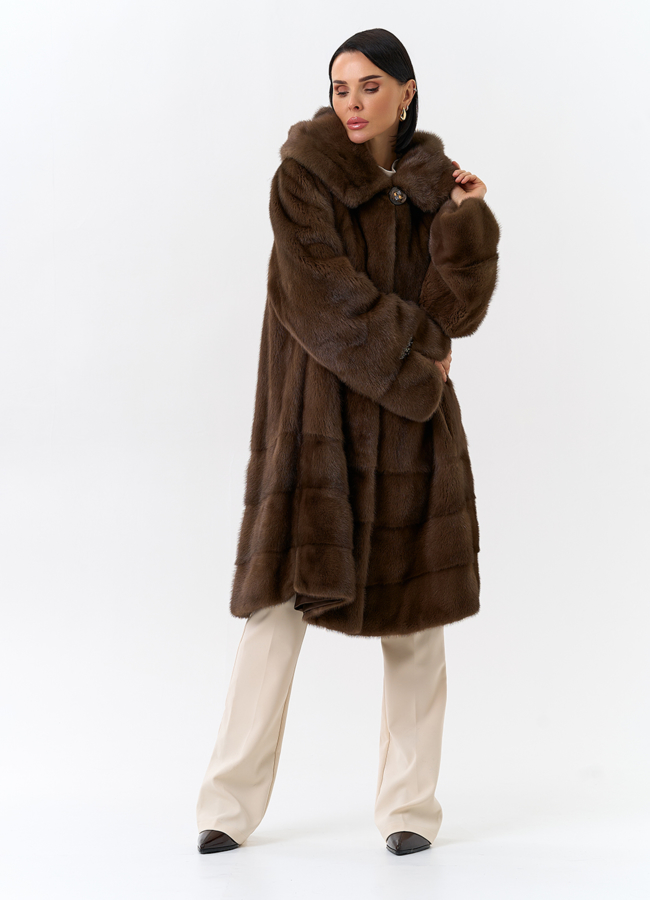 Шуба из меха норки с капюшоном модель № 28983 меха малина