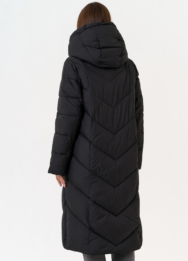 Женский пуховик черного цвета с поясом модель № 31603 в рассрочку