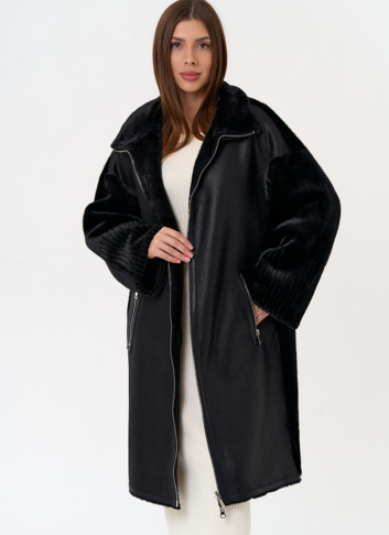 Женская двухсторонняя дубленка из эко замши с воротником стойкой