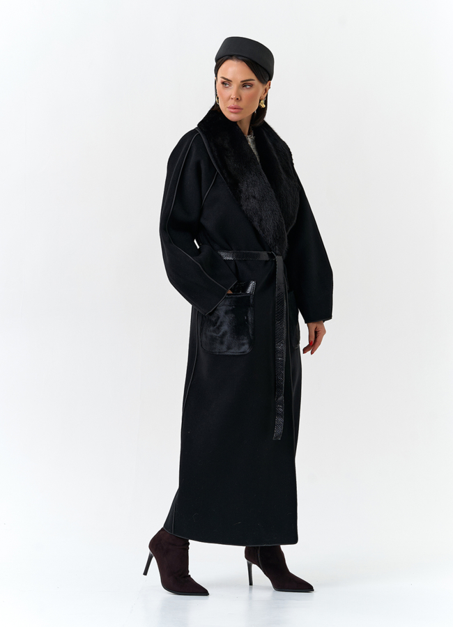 Женское длинное пальто с воротником из меха норки модель № 32648 универмаг малина