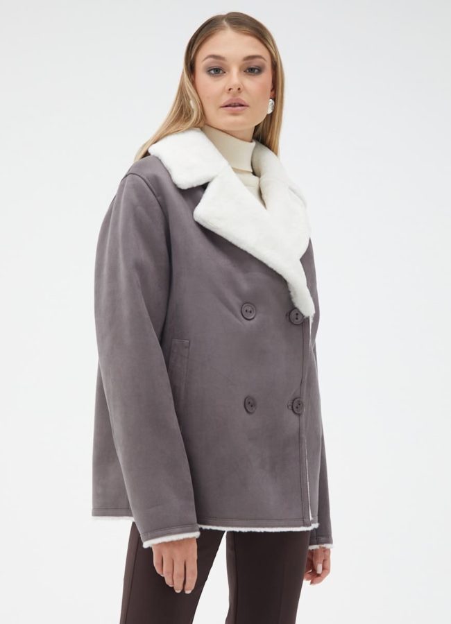 Женская двухсторонняя дубленка из эко кожи с английским воротником модель № 31869 универмаг малина