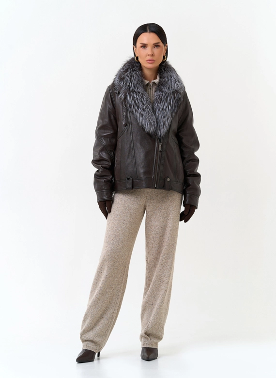 Женский пуховик из натуральной кожи с чернобуркой фото