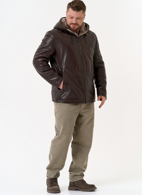 Мужская дубленка коричневого цвета с капюшоном