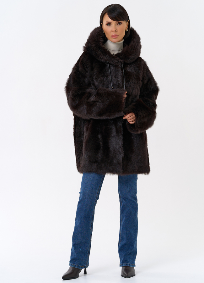 Женская двухсторонняя дубленка с капюшоном модель № 31851 в кредит