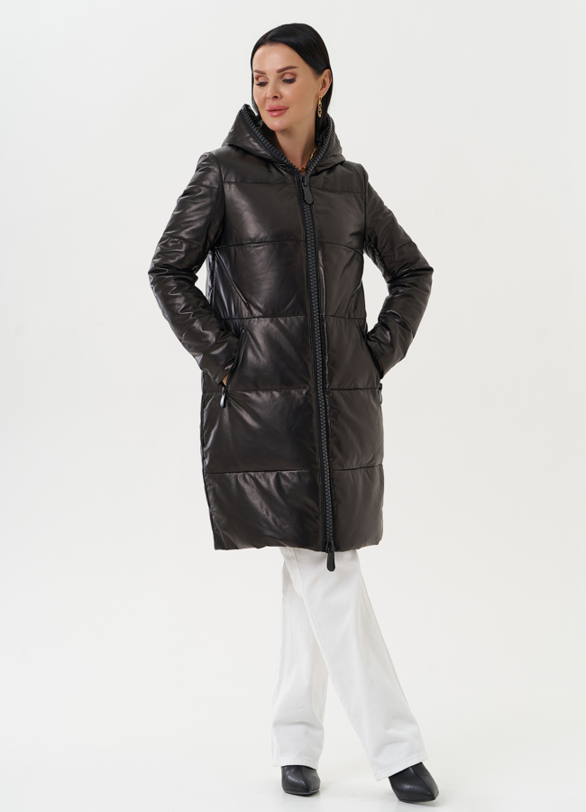 фото Кожаный пуховик с капюшоном модель № 15013