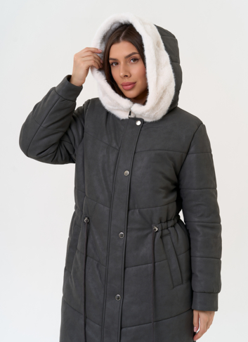 Женское пальто из эко кожи с капюшоном