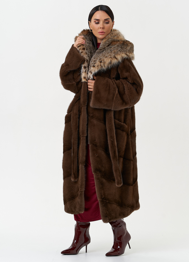 Женская шуба из меха норки с капюшоном из меха рыси модель № 31159 универмаг малина