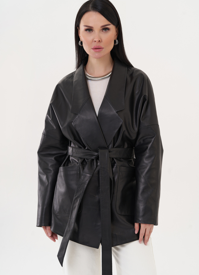 Кожаная куртка-пиджак с поясом модель № 26952 меха малина
