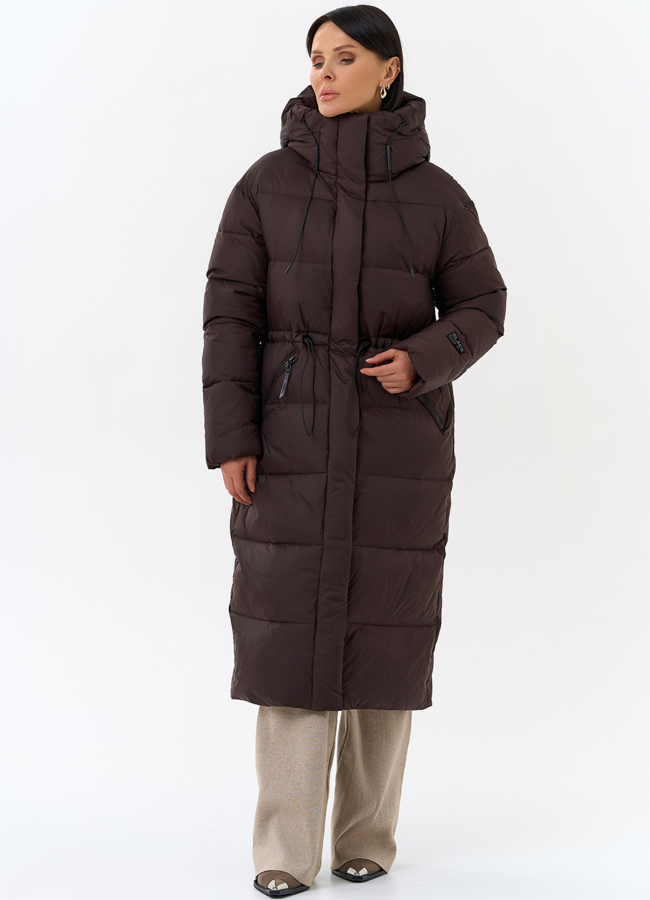 Женский пуховик коричневого цвета с капюшоном модель № 31936 в кредит