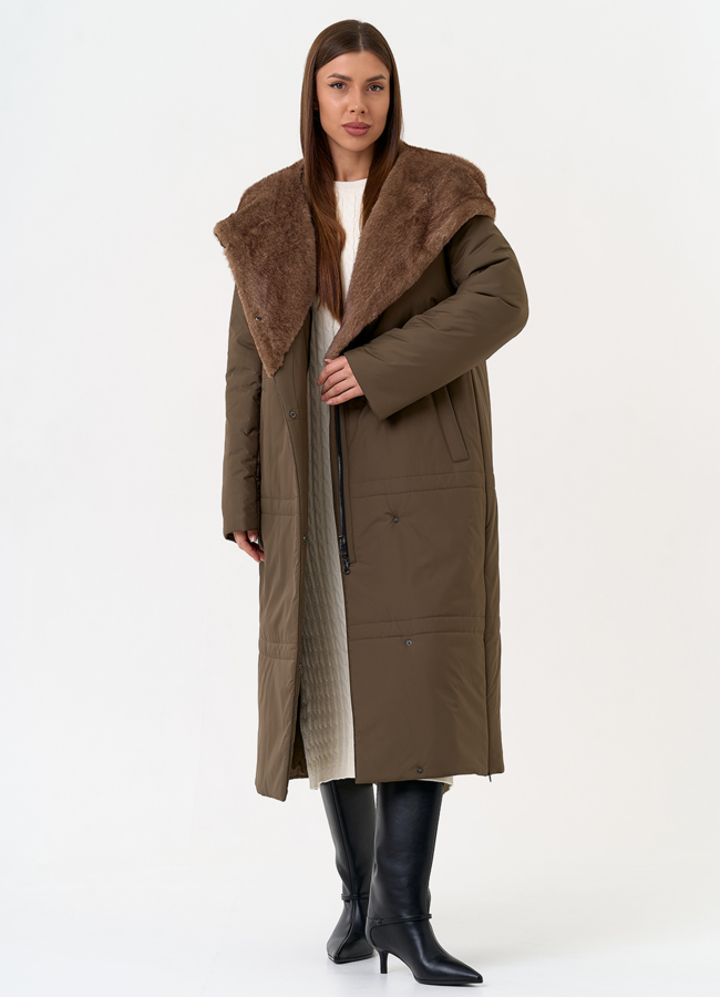 Женское пальто с капюшоном из эко меха под норку модель № 31606 универмаг малина