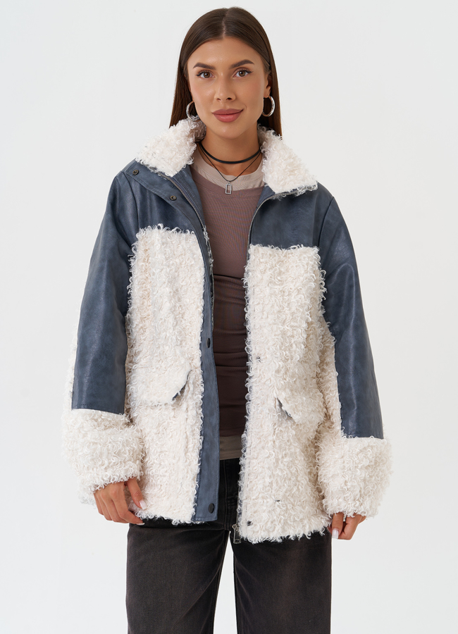Жакет синего цвета с эко мехом модель № 27122 универмаг малина