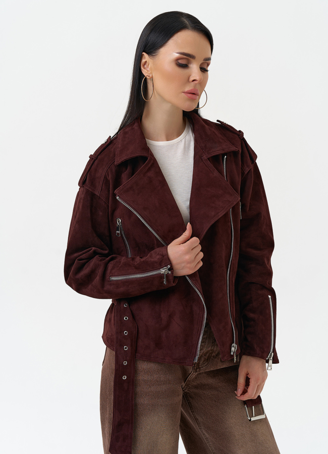 Женская куртка из натуральной замши с поясом модель № 30363 универмаг малина