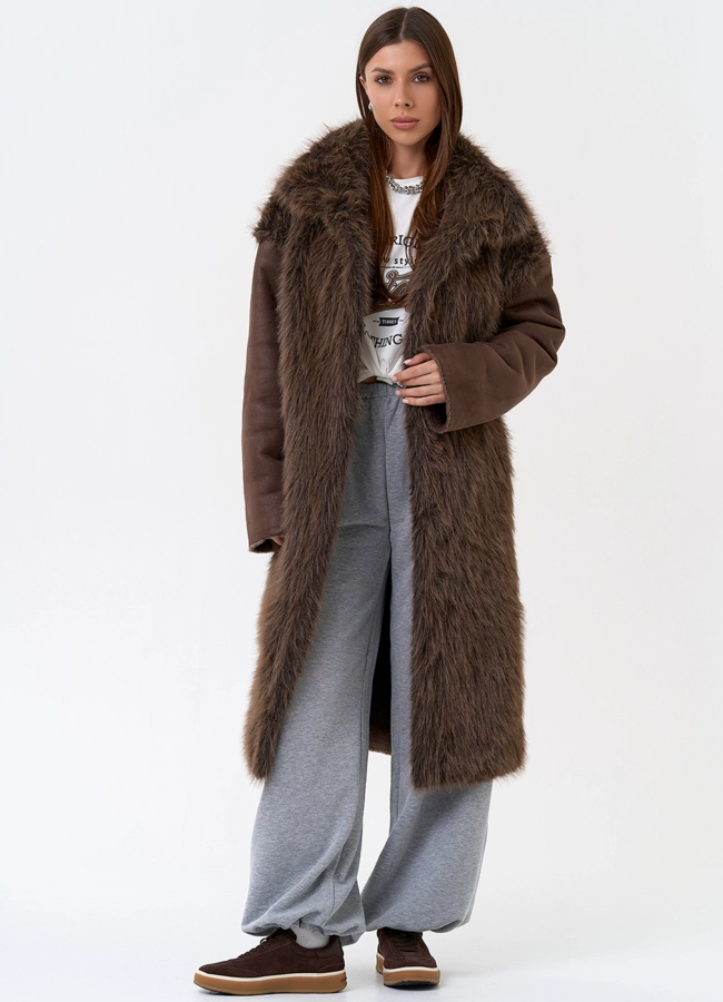 Женская дубленка из эко замши с отделкой из эко меха модель № 31326 в рассрочку