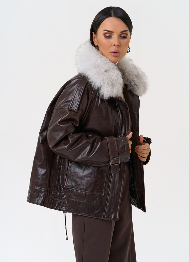 Короткий пуховик из натуральной кожи модель № 31371 универмаг малина