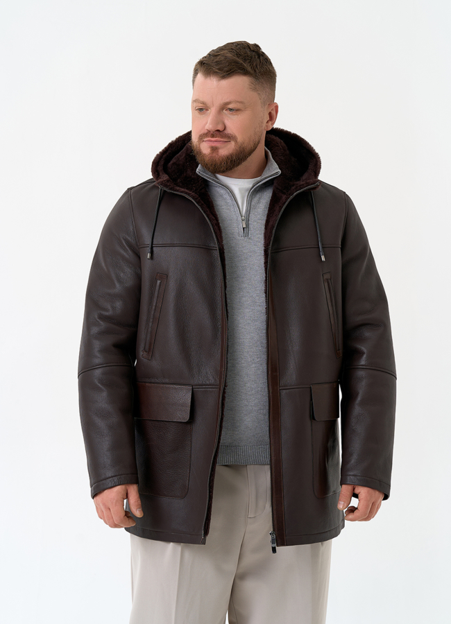 Мужская натуральная дубленка с капюшоном модель № 32059 универмаг малина