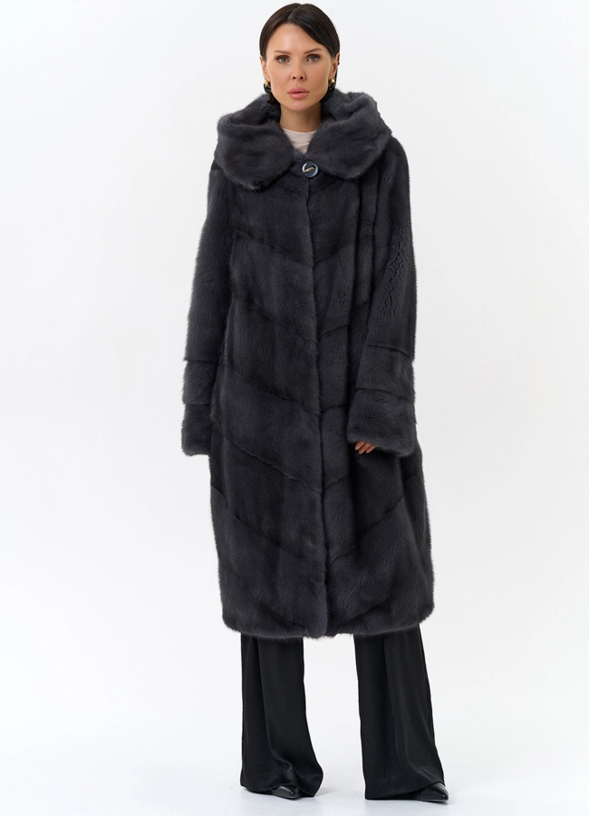 фото Длинная норковая шуба в сером цвете модель № 25039