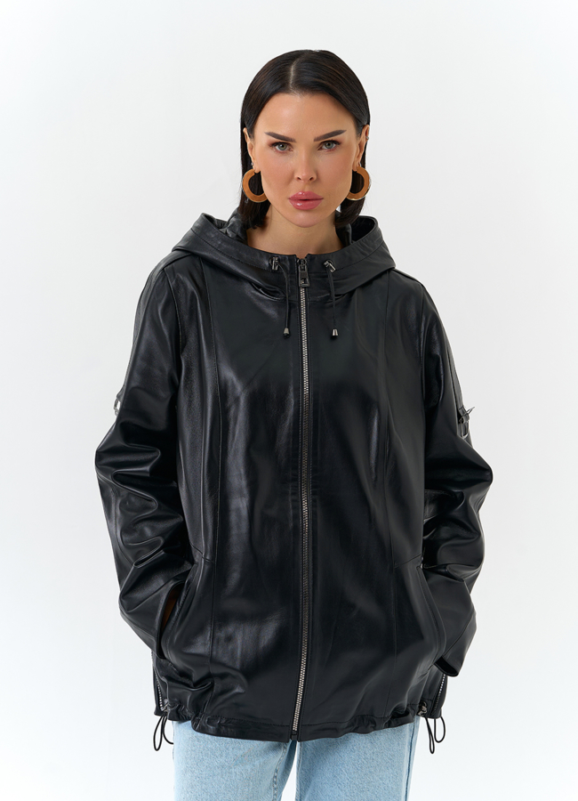 Женская куртка из натуральной кожи с капюшоном модель № 32875 универмаг малина