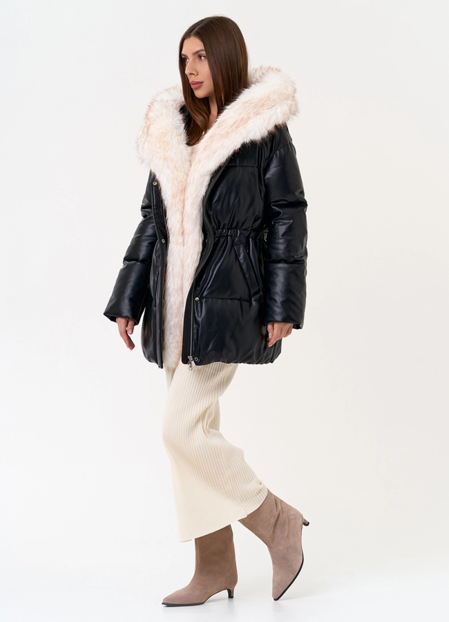 Женский пуховик из эко кожи с отделкой из эко меха модель № 30734 универмаг малина