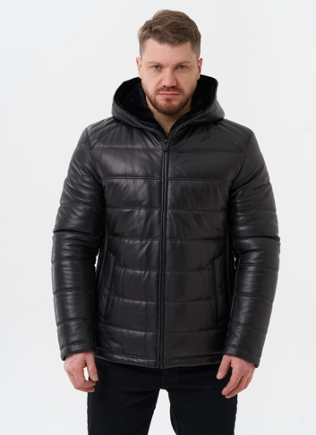 Пуховик из натуральной кожи с отделкой из мутона