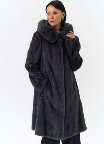Норковая шуба годе/балетка в роспуск с капюшоном цвета графит