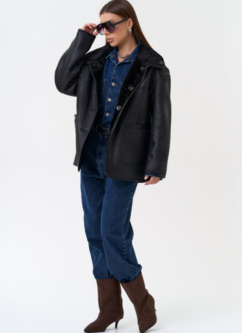 Женская двухсторонняя дубленка из эко замши в черном цвете