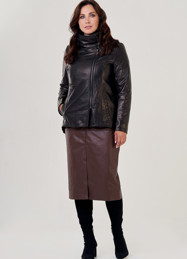 фото Кожаная куртка на молнии в черном цвете модель № 10703