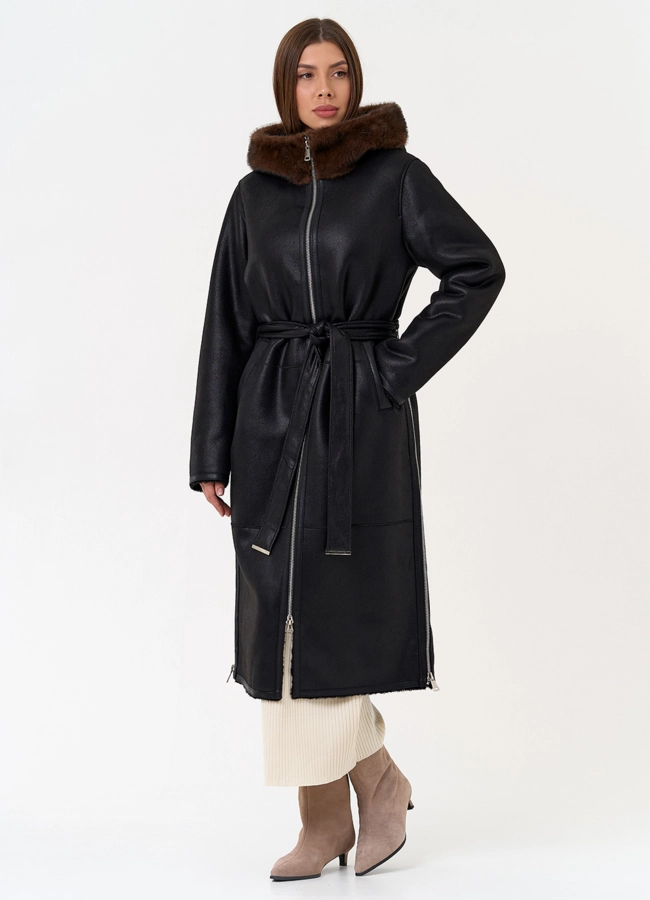 Женская дубленка из эко замши с поясом модель № 31432 в рассрочку