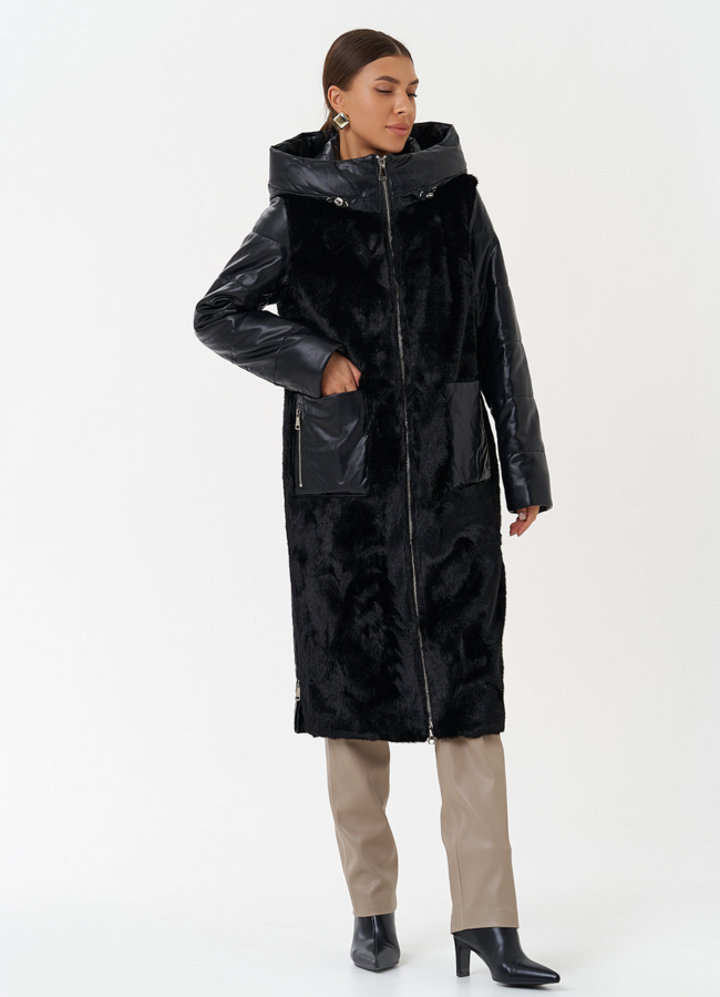 Пуховик из эко кожи с капюшоном модель № 23366 в кредит